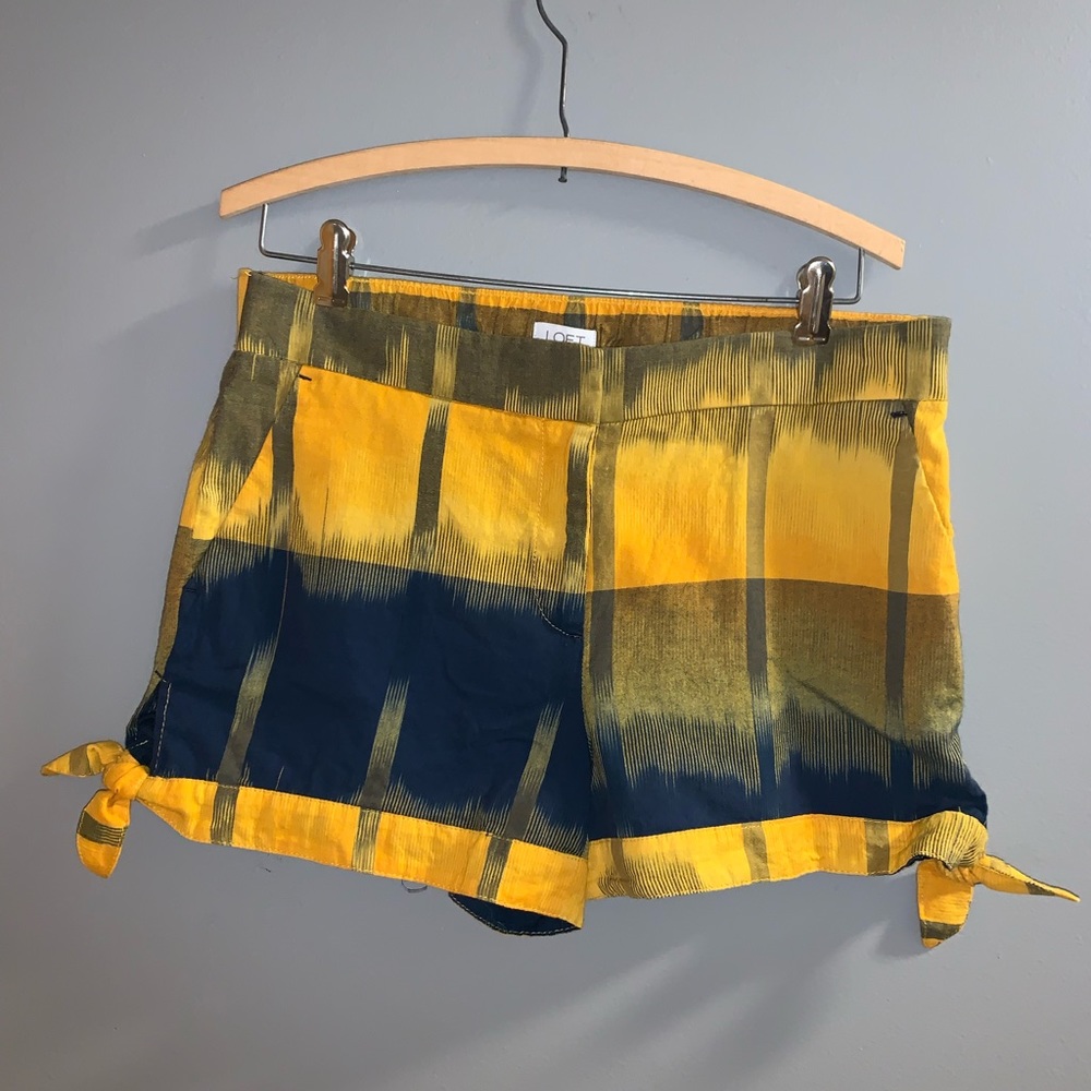 LOFT Yellow and Navy Plaid High-Rise Tie-Hem Shorts